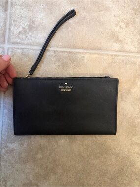 kate spade Black Leather Zip Wristlet Wallet with Gold Logo
